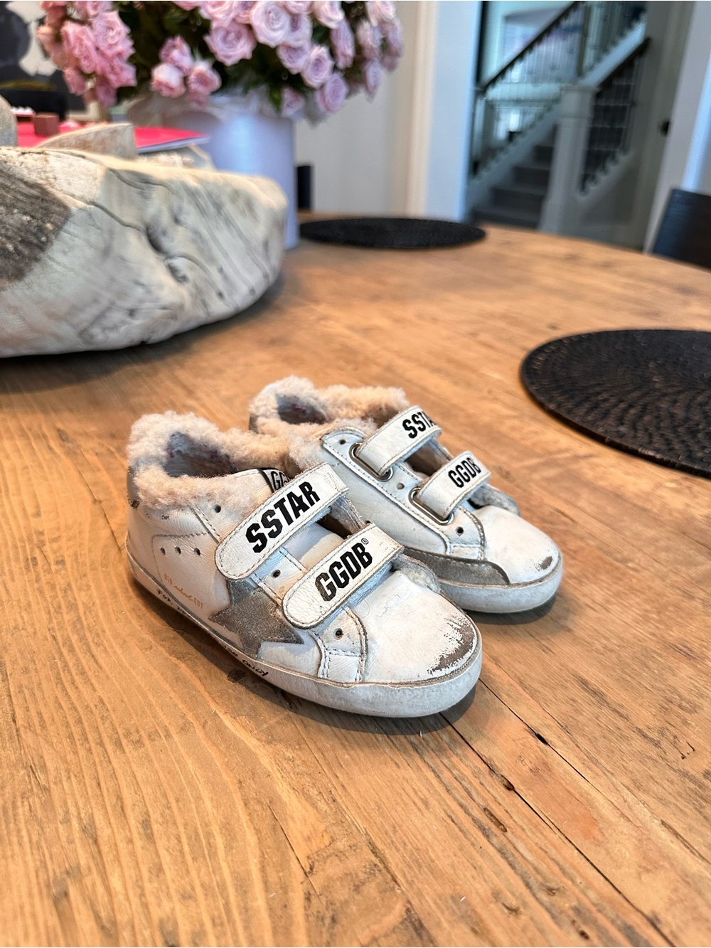 Golden Goose White and Gray Kids Velcro Shearling Sneakers